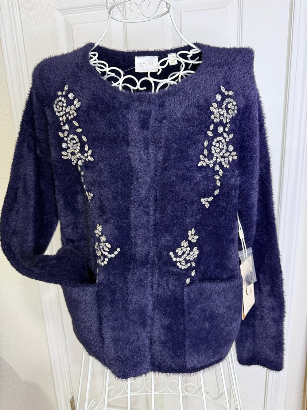 Cyrus Navy Blue Crystal-Embellished Women's Sweater NWT